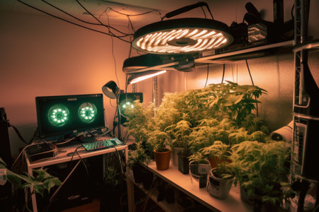 close-up of various components of home grow setup, including lights and fans, created with generative aiの素材