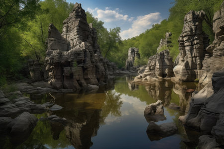 natural rock formations towering over a serene stream, created with generative aiの素材