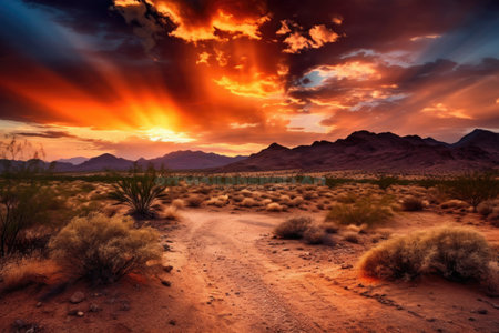 desert landscape with dramatic sunset, featuring vibrant colors and clouds, created with generative aiの素材