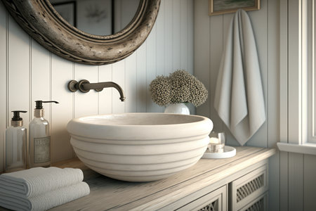 round white wash basin with matching faucet and towel bar, set against neutral bathroom background, created with generative aiの素材