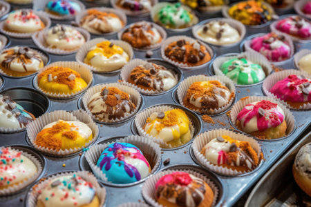 a tray of individual muffins, baked in colorful wrappers, and topped with sweet icing, created with generative aiの素材