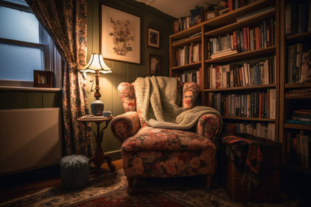 cozy reading nook with bookshelf, cozy armchair, and hot mug of tea nearby, created with generative aiの素材