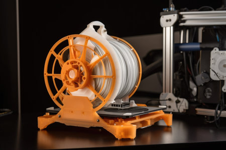 3d printing robot, with extruder head and nozzle printing on roll of filament, created with generative aiの素材