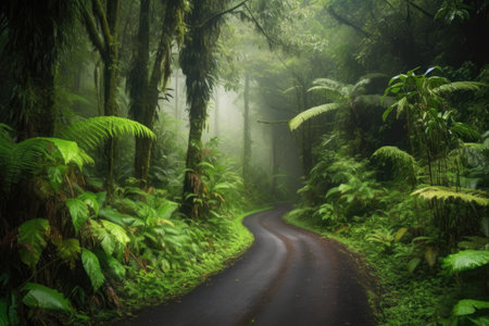 scenic road trip through lush, tropical rainforest, created with generative aiの素材