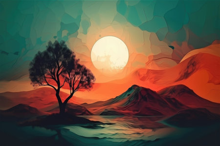 abstract and surreal landscape with view of sunrise, showcasing the colors and beauty of nature, created with generative aiの素材