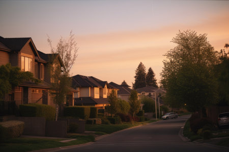 view of quiet residential neighborhood at dusk, with warm evening light and clear sky visible, created with generative aiの素材