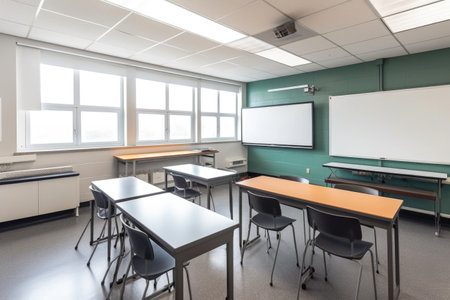 empty classroom with interactive whiteboard and projector for use in modern learning environment, created with generative aiの素材