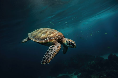 sea turtle swimming underwater, with its graceful movement and flippers in full view, created with generative aiの素材