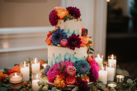 decorative cake with pops of color and flowers, created with generative aiの素材