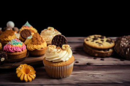 cupcake with frosting, cookies and biscotti for decoration, created with generative aiの素材
