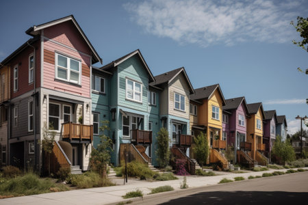 cluster of homes in a close-knit neighborhood, with diverse exterior designs and colors, created with generative aiの素材