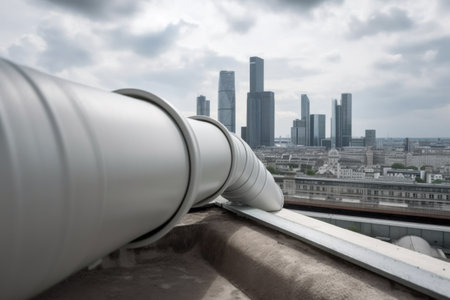 downpipe from the rooftop of a building with impressive view of the city skyline, created with generative aiの素材
