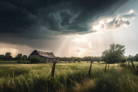 rural setting with stormy sky, lightning strikes, and rolling thunder, created with generative aiの素材