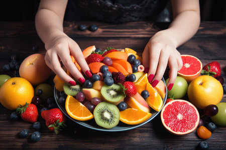 person, enjoying juicy and flavorful fruit, with the power to keep their body healthy, created with generative aiの素材
