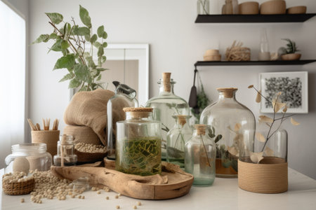 eco-chic decor with natural elements and recycled materials, created with generative aiの素材