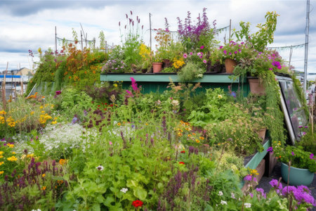 green rooftop garden with blooming flowers and butterflies, created with generative aiの素材