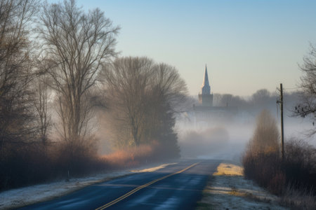 misty morning, with foggy road and roadside attractions visible in the distance, created with generative aiの素材