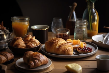 table setting with croissants, jams and pastries for breakfast or brunch, created with generative aiの素材