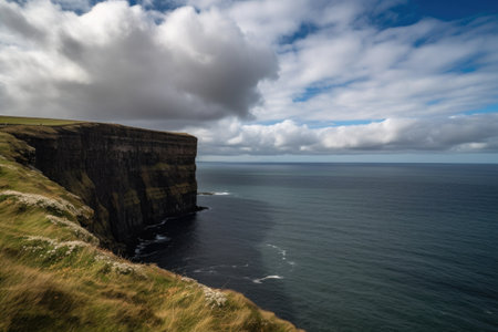coastal cliff with sea and sky on the horizon, silhouetting clouds, created with generative aiの素材