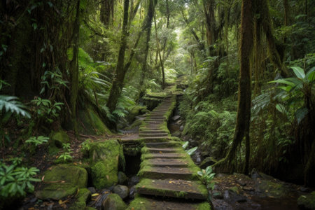 hiking trail meandering through lush rainforest, with towering trees and cascading waterfalls, created with generative aiの素材