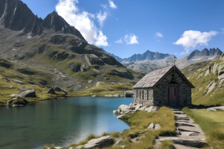 mountain chapel, surrounded by towering peaks and crystal clear lakes, created with generative aiの素材