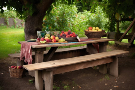 picnic table with a rustic, hand-carved bench and basket of fresh fruit, created with generative aiの素材