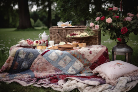 romantic picnic with cozy quilt and basket of treats, created with generative aiの素材