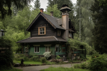 wooden house with metal chimney, surrounded by green trees, created with generative aiの素材