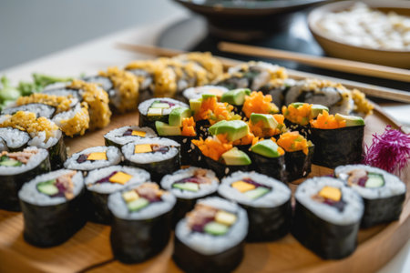 platter of colorful and freshly made vegan sushi rolls, created with generative aiの素材