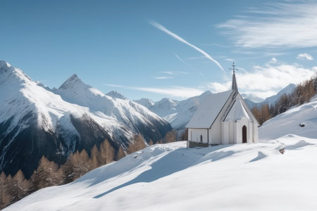 snow-covered chapel surrounded by towering peaks and untouched snow in winter, created with generative aiの素材