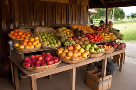 fruit stand, with freshly picked fruit and vegetables for sale, created with generative aiの素材