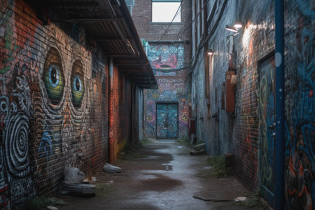 an alleyway covered in alien street art, with glowing eyes and intricate patterns, created with generative aiの素材