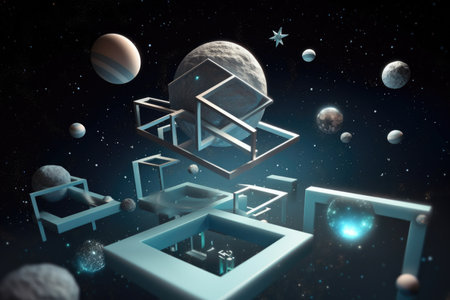 3d render of futuristic space station, with gleaming metal and lights, created with generative aiの素材