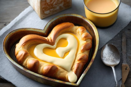 heart-shaped danish pastry with creamy custard filling in the center, created with generative aiの素材