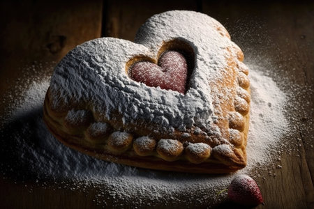 heart-shaped pastry with a cherry filling and a dusting of powdered sugar, created with generative aiの素材
