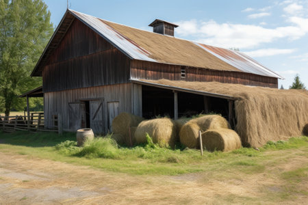 rustic barn with freshly baled hay for the horses, and saddle hanging on wall, created with generative aiの素材