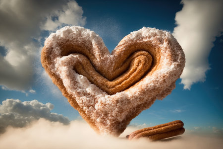a heart-shaped churro surrounded by a heart-shaped cloud of cinnamon sugar, created with generative aiの素材