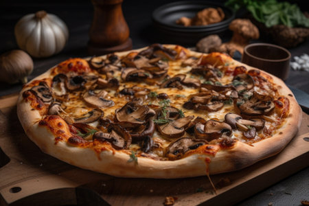a pizza with a layer of grilled mushrooms and caramelized onions at the top, created with generative aiの素材