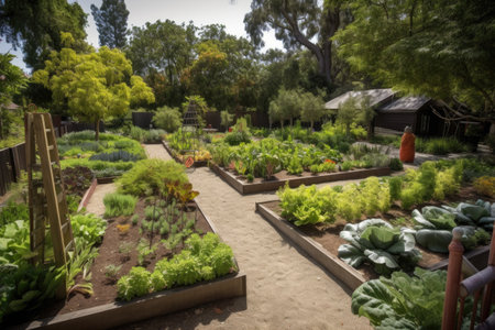 edible landscape with fruit trees, vegetable gardens, and herbs, created with generative aiの素材