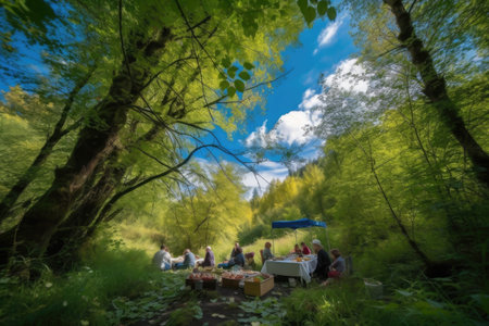 picnic in lush forest, with blue skies and birds singing, created with generative aiの素材