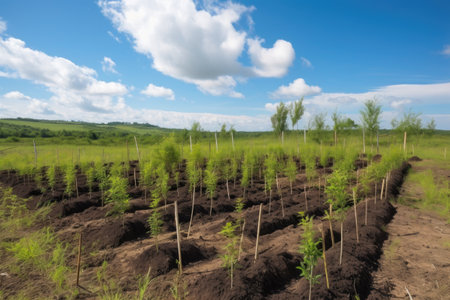 reforestation project on a formerly contaminated site, with new trees growing in the soil, created with generative aiの素材
