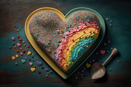heart-shaped cake with colorful rainbow icing and sprinkles, created with generative aiの素材