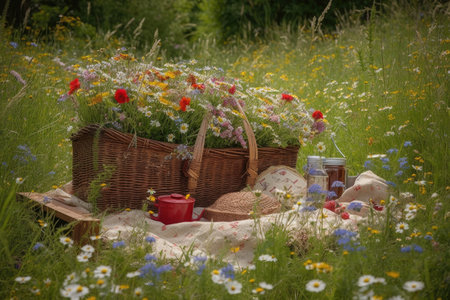 picnic in a meadow surrounded by wildflowers, created with generative aiの素材