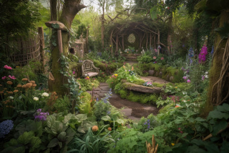 enchanted garden, with magical plants and creatures, where anything is possible, created with generative aiの素材