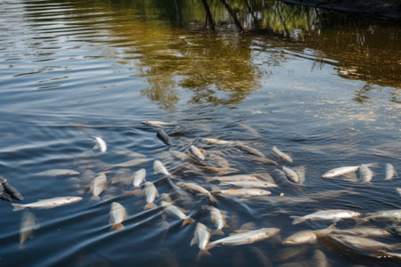 chemical spill in river, with dead fish floating on the surface, created with generative aiの素材