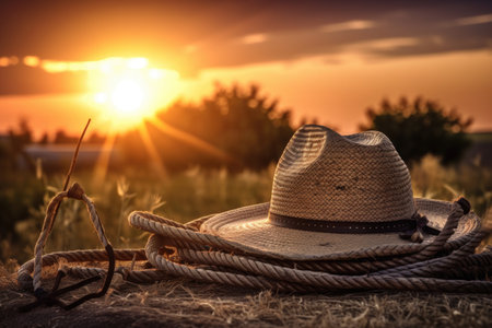 cowboy hat and rope, with sunset in the background, symbolize the end of a long day, created with generative aiの素材