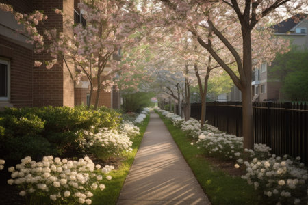walkway dotted with blooming flowers and shady trees in residential neighborhood, created with generative aiの素材