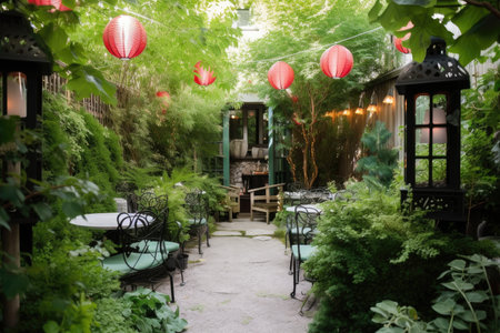a lush garden with bistro-style seating and lanterns, created with generative aiの素材