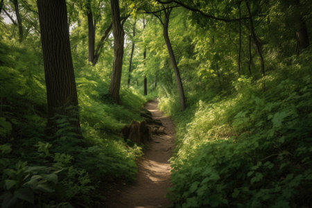 hiking trail surrounded by towering trees and lush greenery, created with generative aiの素材