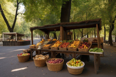 central park food stand, with wooden sign and baskets of freshly picked fruits, created with generative aiの素材